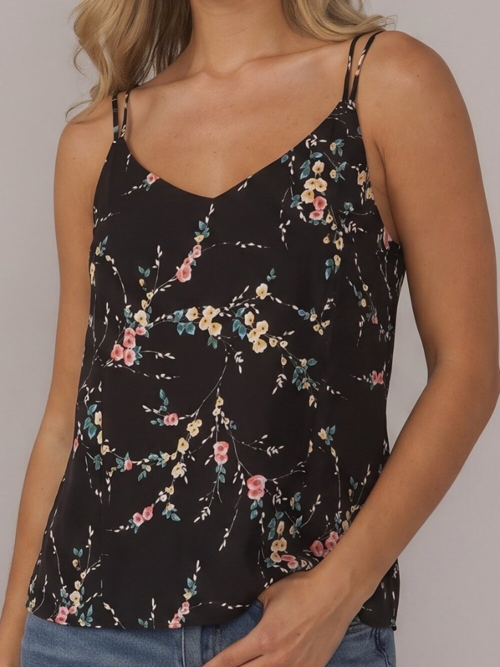 Worthington Black Floral Romantic Strappy V Neck Floral Swing Tank XL